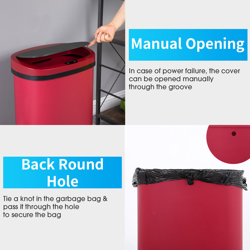 Red Brushed Plastic Touchless Rectangular Kitchen Trash Can