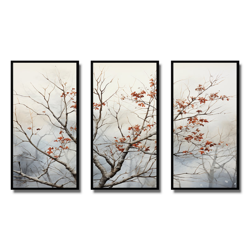 Brun brun, oiseaux printaniers - art mural arbre, H 28 po x l 36 po x P 1 po, Cadre flottant noir