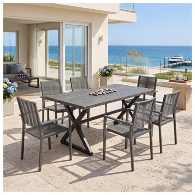 Ensemble repas d'extérieur 7 pièces avec cadre en aluminium et chaises en corde tissée de couleur grise