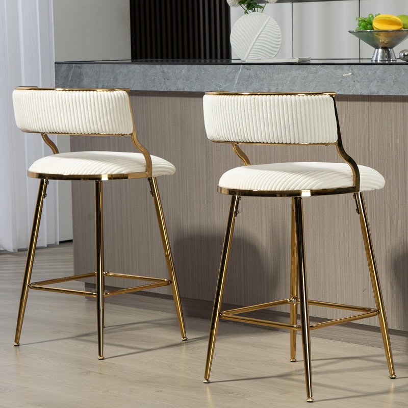 Set Of 2 26'' Counter Height Bar Stools With Corduroy Upholstery, Golden Chromed Base, And Comfortable Back Support, Beige