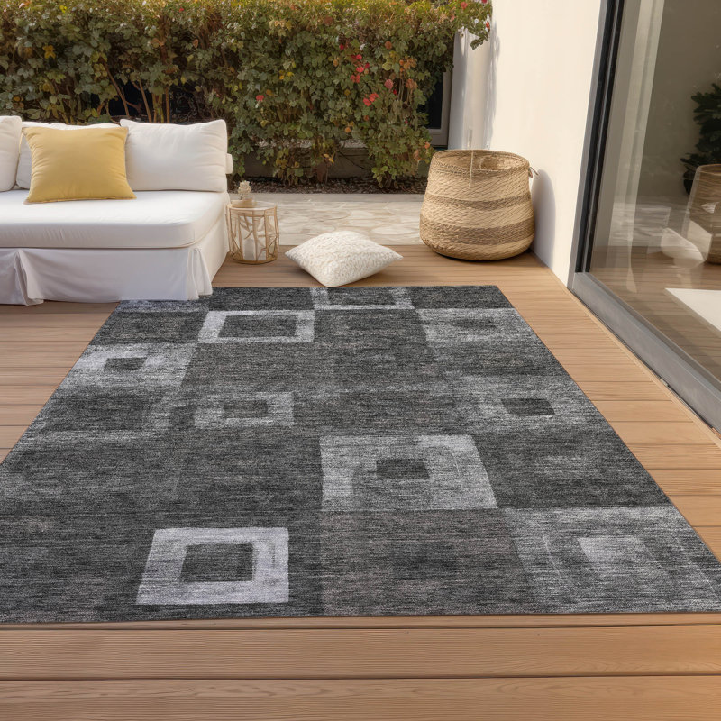 Black Geometric Rectangular Synthetic Washable Rug 3' x 5'