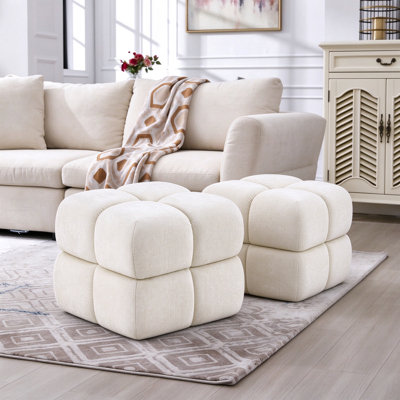 19.7" Wide Two Storage Modern Upholstered Tufted Ottoman Chenille Cloud Storage Footstool , Round Cube Footrest, No Assembly Required Vanity Stool, for Living Room, Bedroom, Nursery