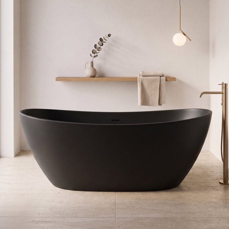 65 Inch Oval Black Freestanding Bathtub Solid Surface Matte Finish