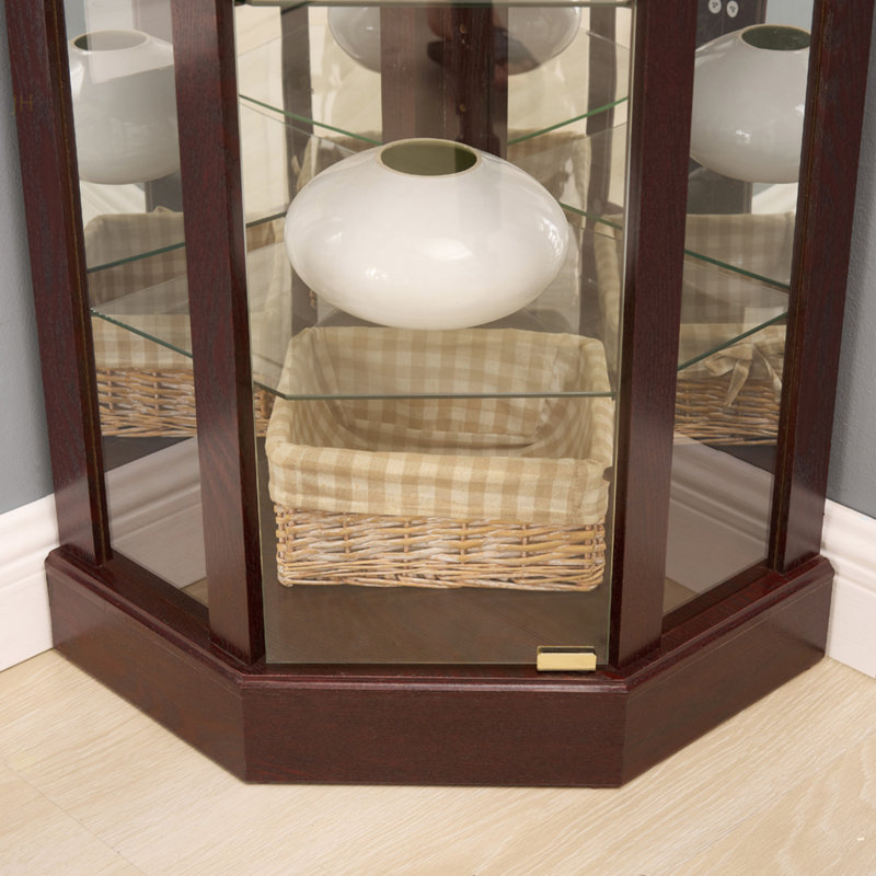 Vitrine d'angle vitrée lumineuse avec tablettes réglables, Cerisier