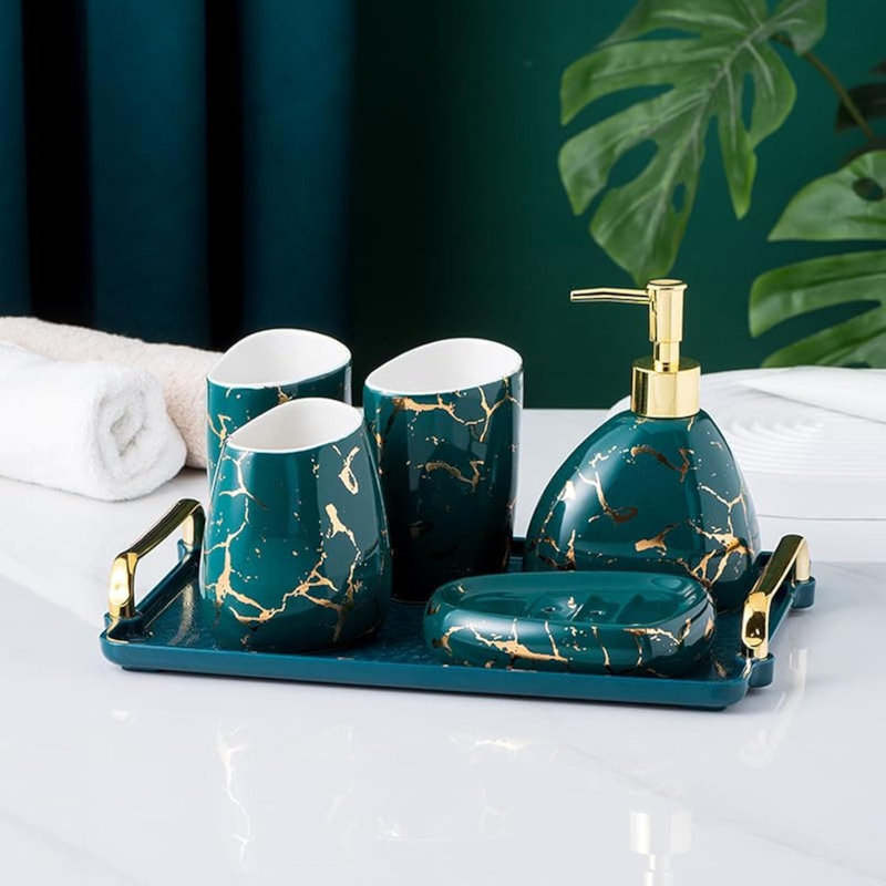 6-Piece Modern Ceramic Bathroom Set: Soap Dispenser, Toothbrush Holder, Tumbler, Tray, Green