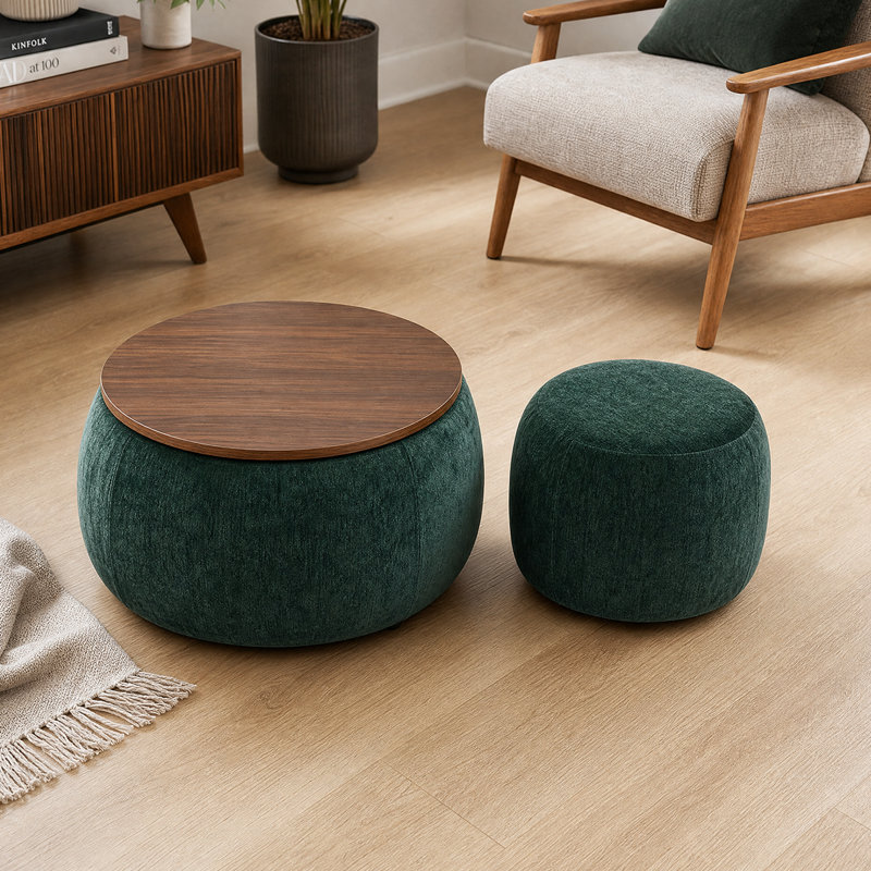 Repose-pieds 2 en 1 avec rangement en tissu rond - Repose-pieds, siège et table de bout en un, Vert