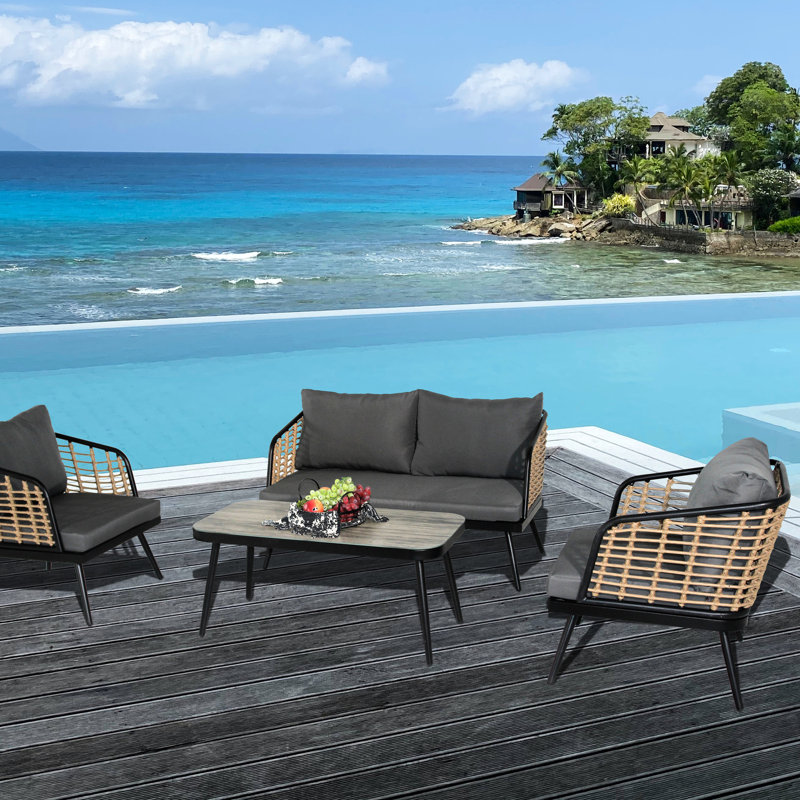 Ensemble de meubles de patio 4 pièces, ensemble de canapé d'extérieur 4 pièces avec coussin lavable et plateau de table, mobilier de conversation pour balcon de jardin près de la piscine