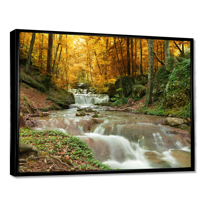 Forêt, cascade, arbres jaunes - reproduction de photo, H 24 po x l 32 po, Cadre flottant, Noir