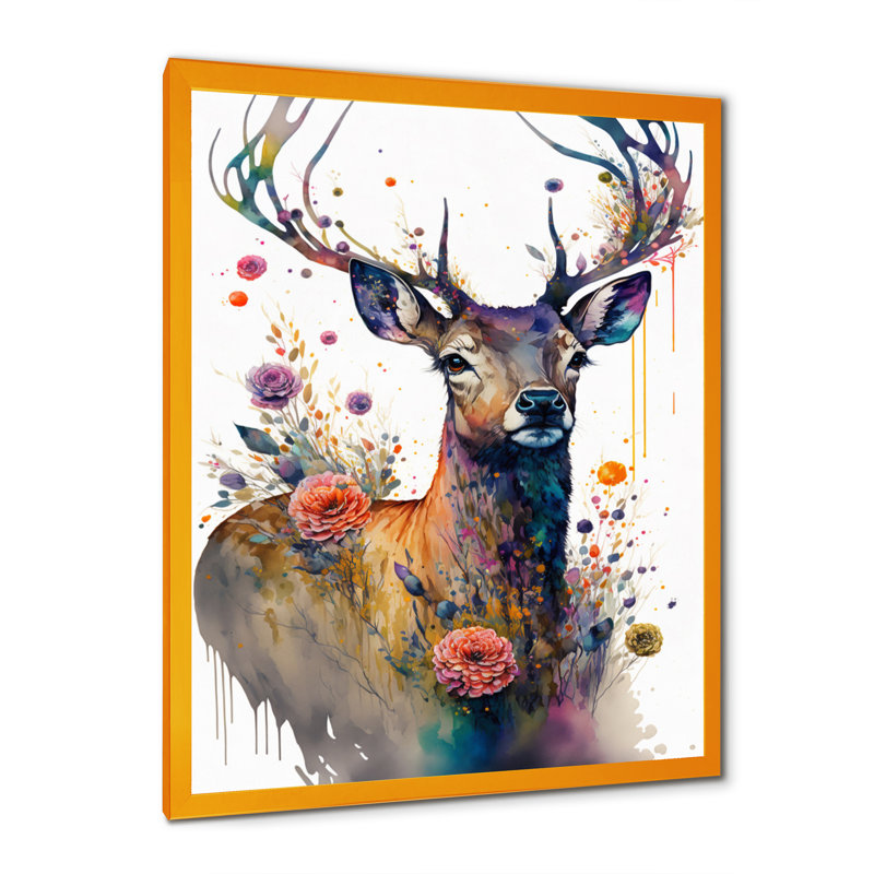 «Cute Deer Floral I», impression sur toile, H 20 po x l 12 po x P 1 po, Encadrement doré