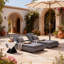 Chaise longue de patio moderne gris foncé, bois d'acacia, confort près de la piscine