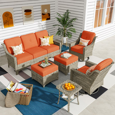 5 - Person Outdoor Conversation Set, Wicker Patio Sofa & Swivel Chair Set with Cushions