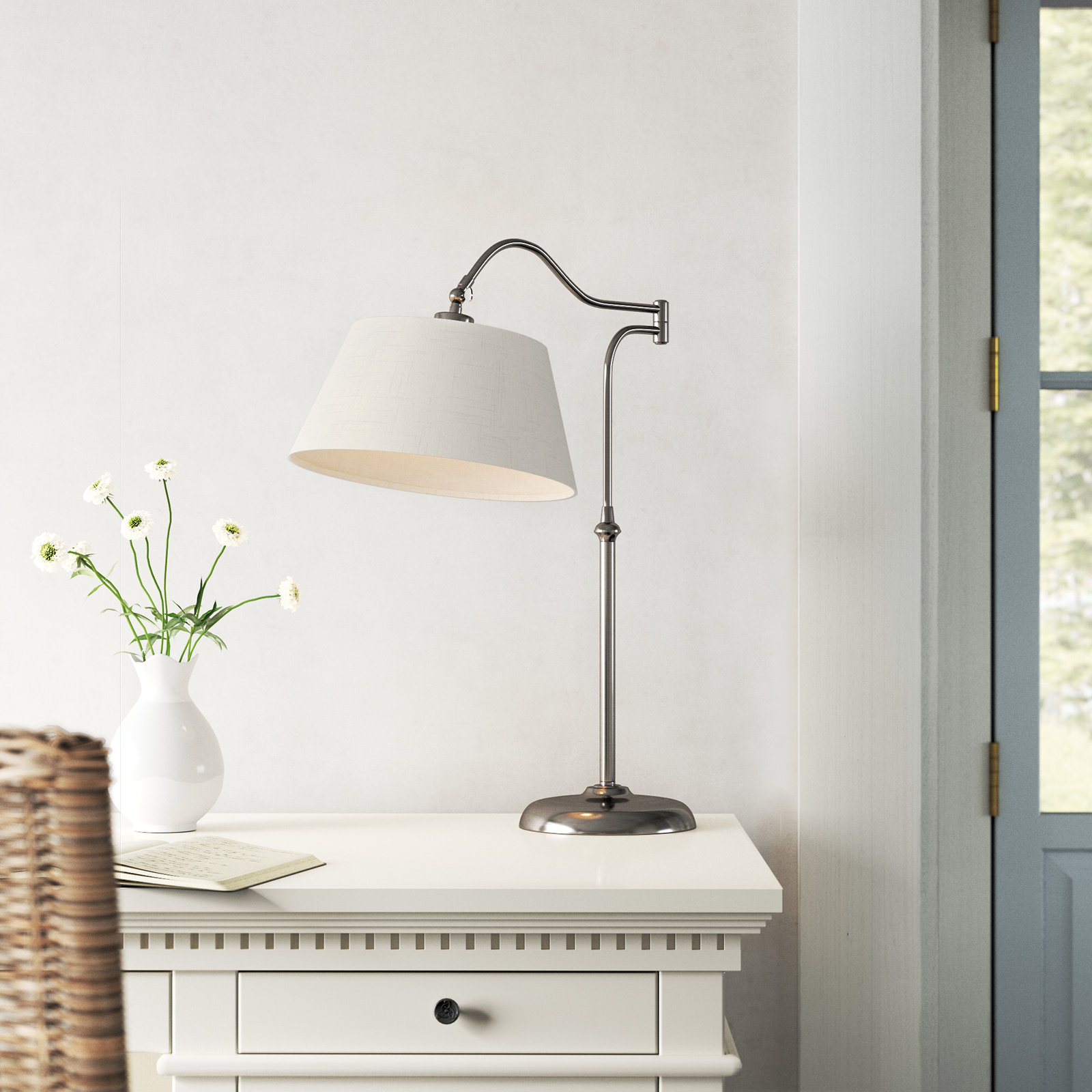 Theodora Adjustable Metal Arched Lamp, Antique Pewter, White, 26.25" H x 12.5" W x 23" D