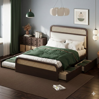 Grand lit plateforme en bois avec couchette et 2 tiroirs, fini espresso.