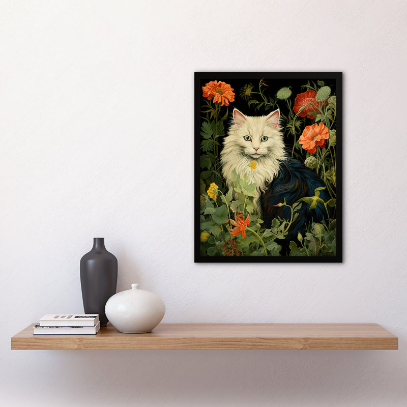 Stylish Black And White Cat Flowers Green Floral Design - Single Picture Frame Print