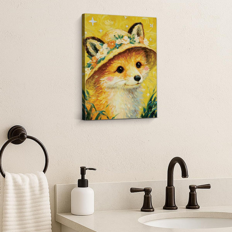 Mignon renard, art mural sur toile, renard mignon avec couronne de fleurs et chapeau de paille