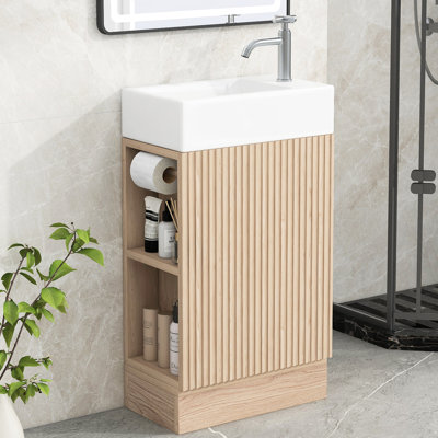Meuble-lavabo de 18,6 po avec lavabo, armoire à une porte, porte-papier hygiénique, tablette, couleur naturelle, orientation du lavabo gauche ou droit