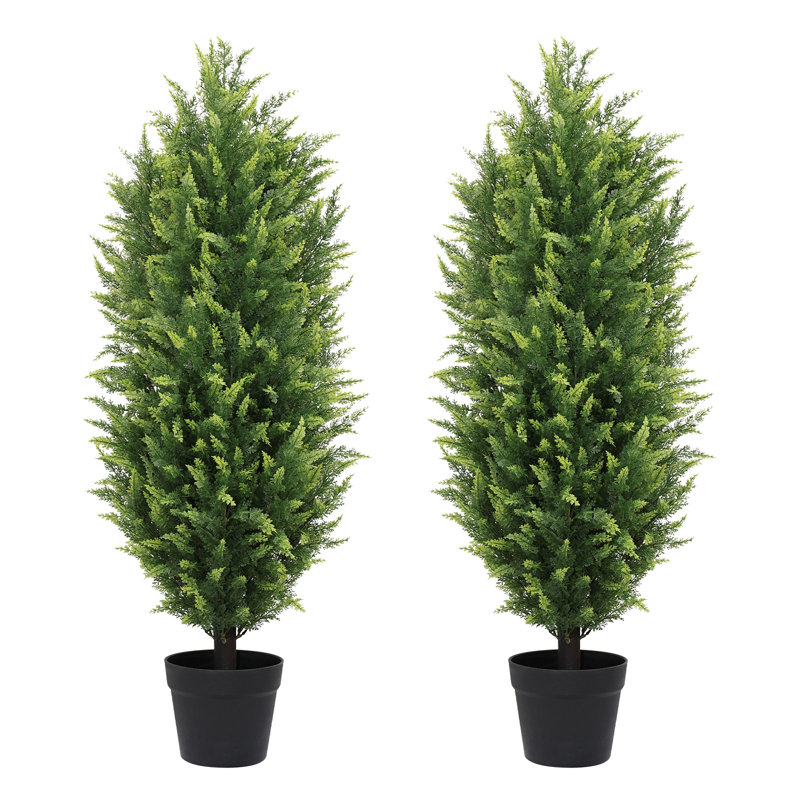 Artificial Cedar Topiary Trees,Faux Greenery in Black Plastic Pot for Indoor and Outdoor Use, 35.44 x 10