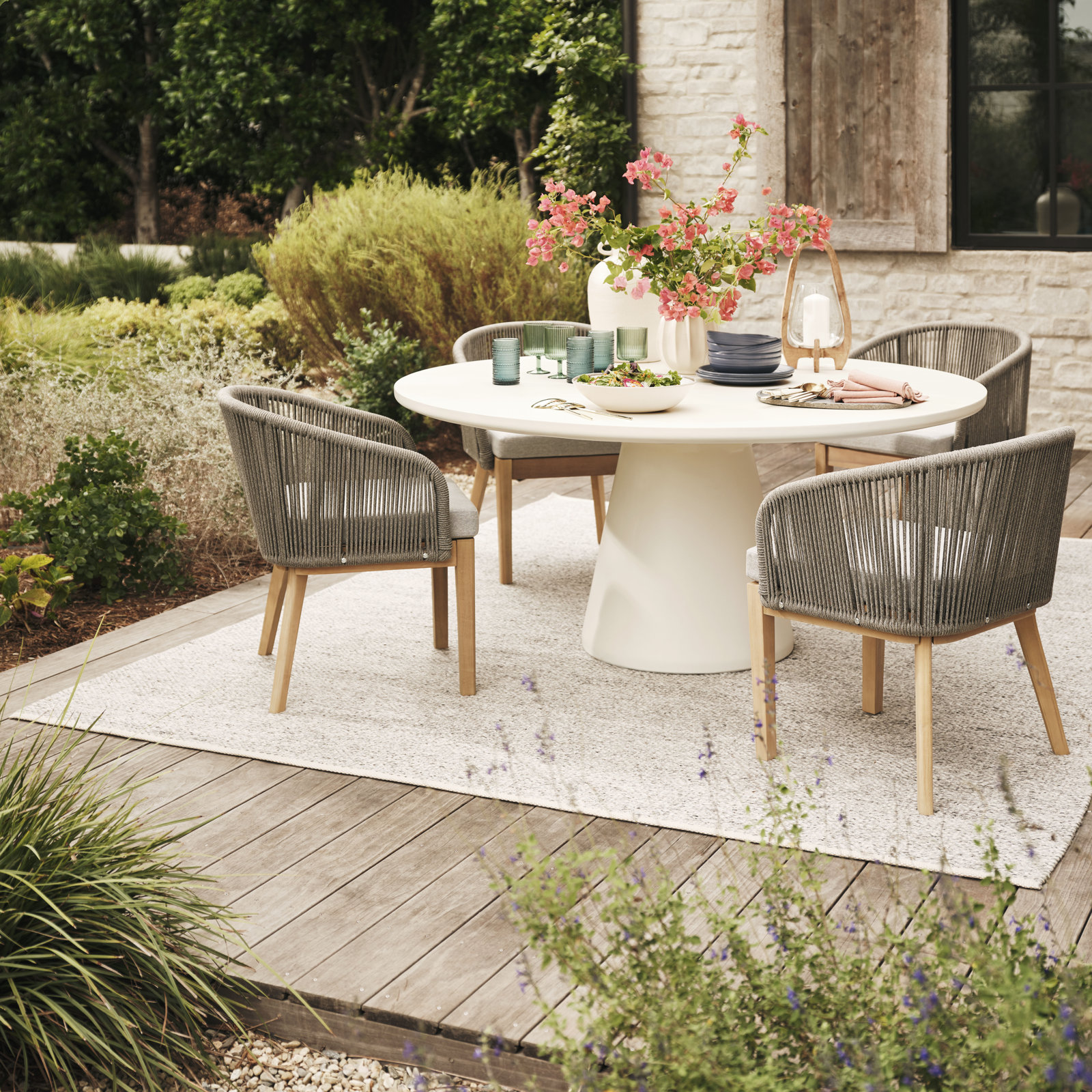 Bowery Wood Premium All-Weather Wicker Outdoor Dining Armchair with Cushion, Beige