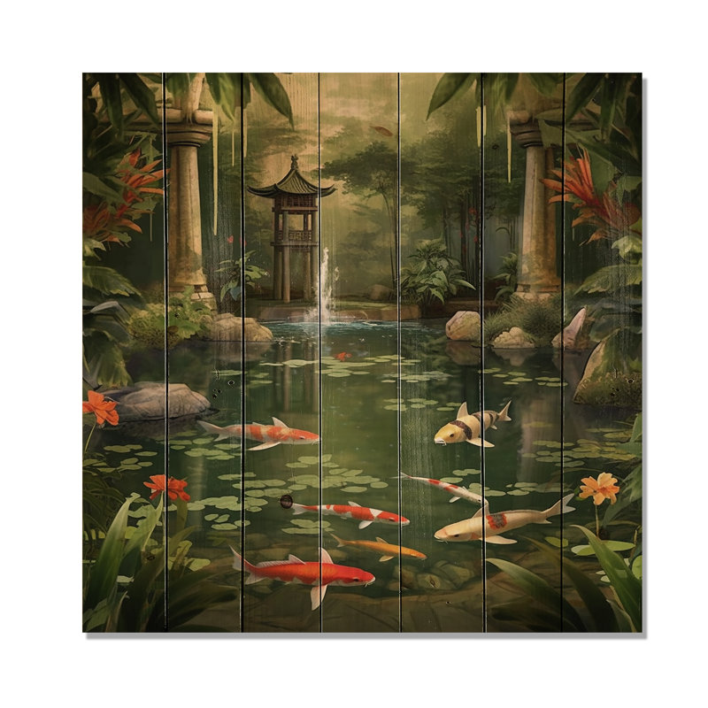 Bamboo and Koi Pond Showcase I - Art mural en bois de bambou sur bois de pin naturel, H 15 po x l 15 po