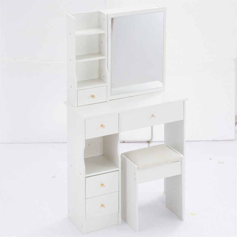 Petit meuble-lavabo de 29,2 po avec tabouret de bureau et tabouret rembourré, très grand miroir coulissant à droite, rangement multi-couches à grande capacité, commode pratique et pratique, convient aux petits espaces