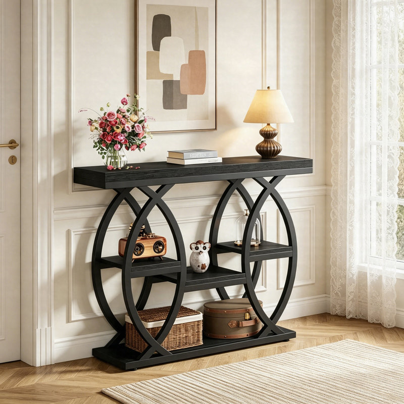 Console de 39 po avec tablettes de rangement, table de chevet étroite à 4 niveaux, table d'entrée industrielle pour petits espaces