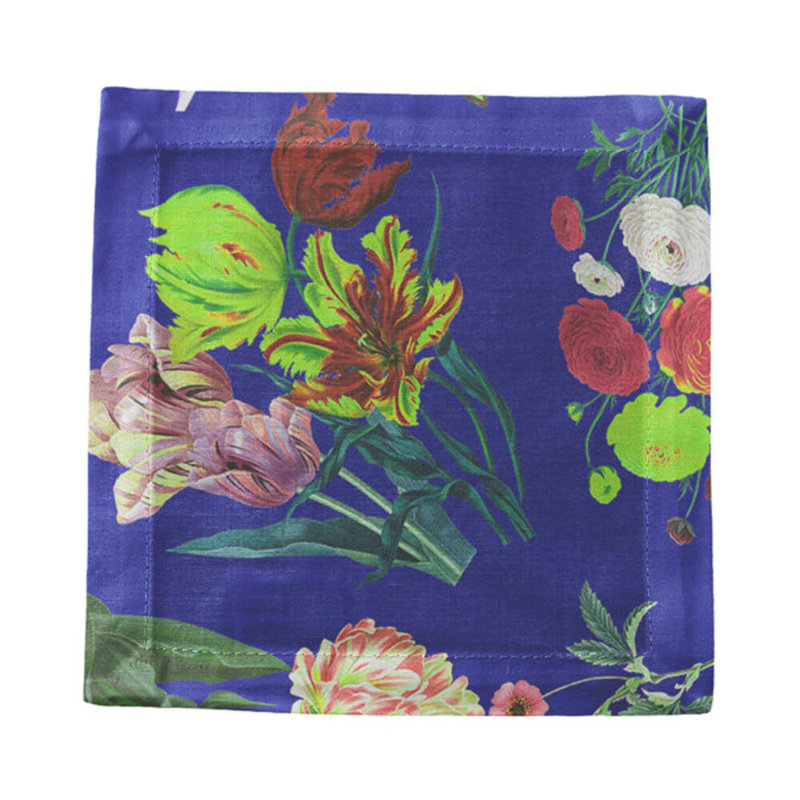 Flora Fauna White Cotton Sateen Cocktail Napkins, Blue