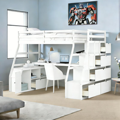 Heiki Loft Bed with Desk, Storage Stairs, Shelves, Cabinet, and Drawers