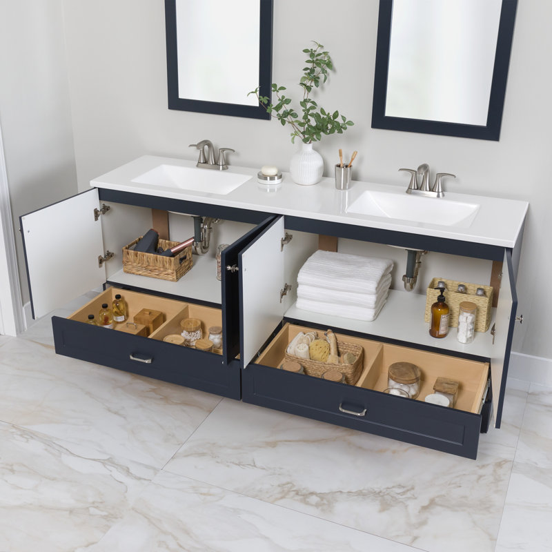 Emlyn 72" Double Bathroom Vanity With 2 Cabinets, 2 Drawers, And Cultured Marble Vanity Top,  Dark Blue