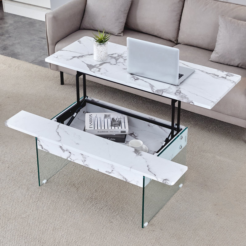  Table basse à plateau relevable avec pieds en verre et rangement, finition marbre blanc, style salon moderne, marbre blanc