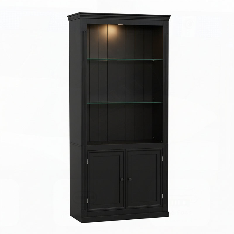 4-Tier Display Shelf with 5-Colors Dimmable Ceiling Light, Freestanding Farmhouse Bookcase with Storage Doors, Adjustable Glass Shelves for Home Office