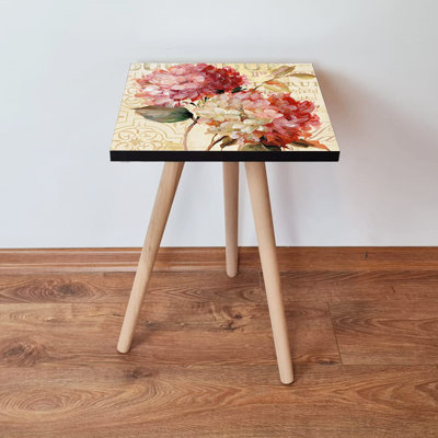 Table d'appoint d'inspiration impressionniste, 100% panneau de fibres à densité moyenne avec pieds en bois de hêtre, 13,8 po x 16,5 po x 13,8 po | Conception durable et élégante, parfaite pour le salon ou la chambre à coucher | Concept de fleur unique, esthétique moderne