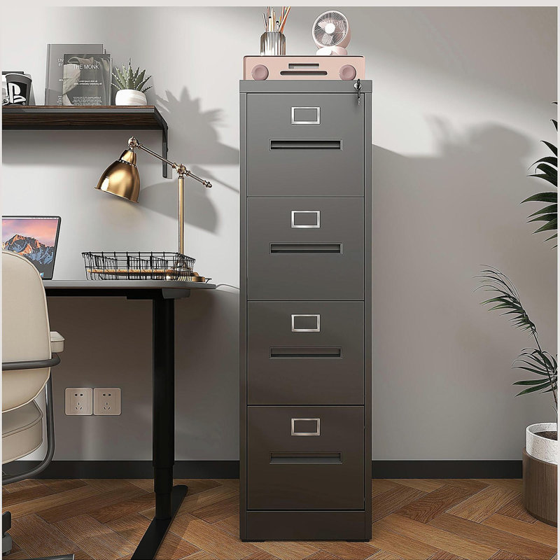4 Drawer File Cabinet with Lock Metal Vertical File Cabinet, Black