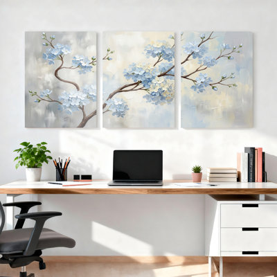 Fleurs de cerisier bleues sur toile tendue, ensemble de 3 reproductions d'art sur toile