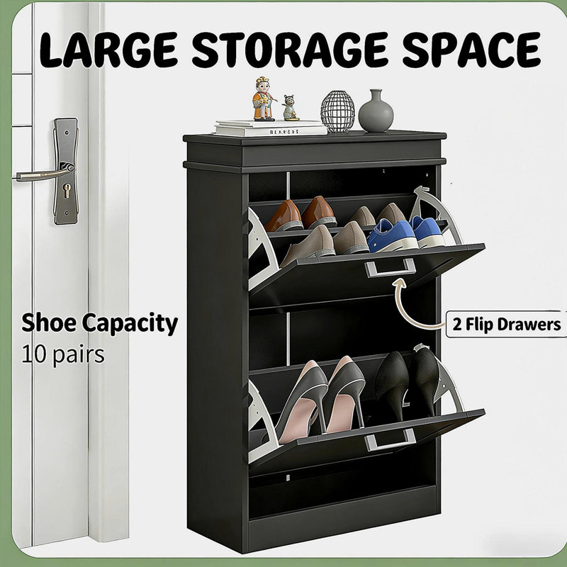 Slim Hallway Shoe Storage Cabinet with Adjustable Drawers, Black