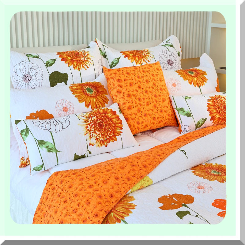 Quilted Sunflower Pillow Shams Set - Cotton Bedding Decoration with Double Patterns - Orange Oblong Pillowcase Pair (20x36)