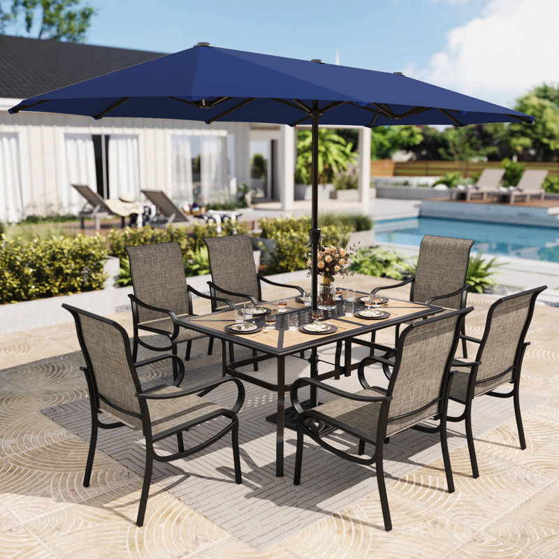 6-person Patio Dining Outdoor Table Set With Umbrella, 8 PCS: Table, 6 Chairs, Umbrella