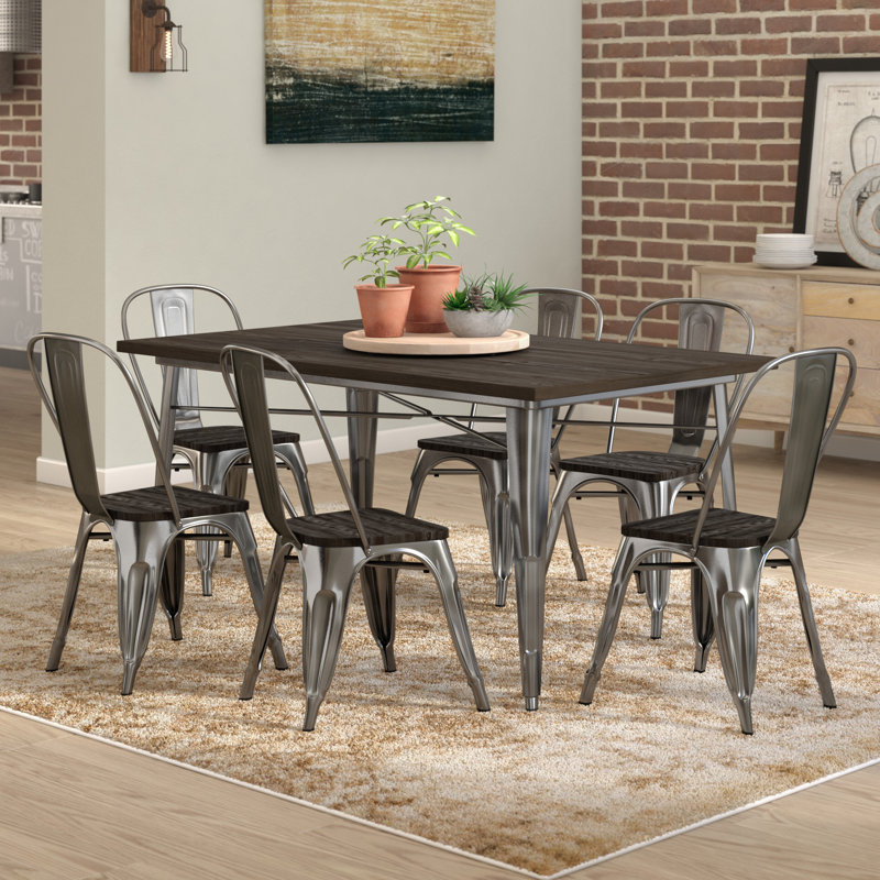 Solid Wood Top Metal Base Dining Table, Metallic