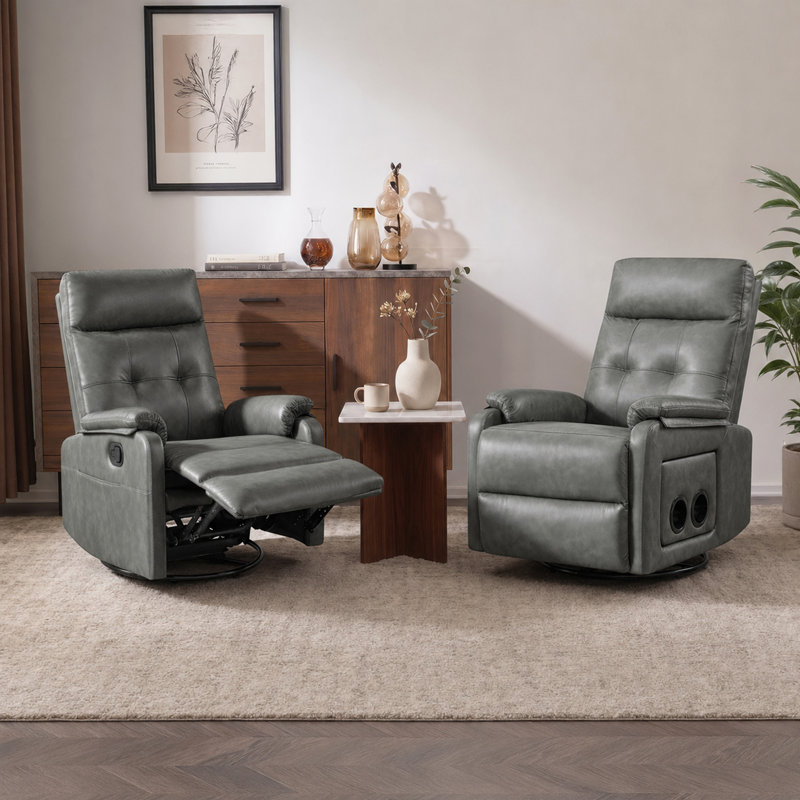25.2"Manual Swivel Chair with Storage Pocket, Flip-Down Tray Table and Dual Cup Holders, Gray Faux Leather