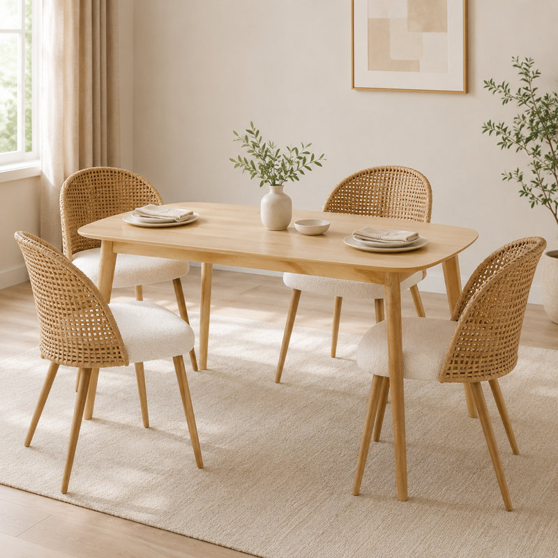 5-Piece Dining Set Mid-Century Wooden Table And Brown Rattan Chairs