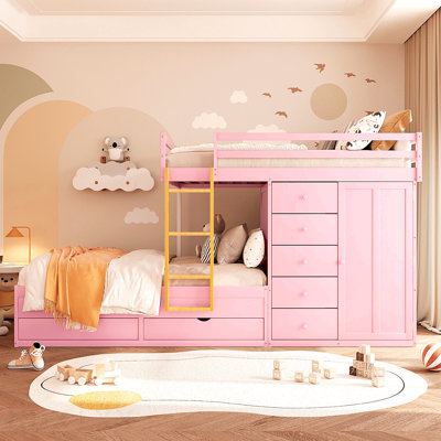 Lit superposé double avec 2 grands tiroirs et 5 petits tiroirs, fabrication en bois massif et bois aggloméré, design de rangement moderne avec petite armoire - rose Sakura