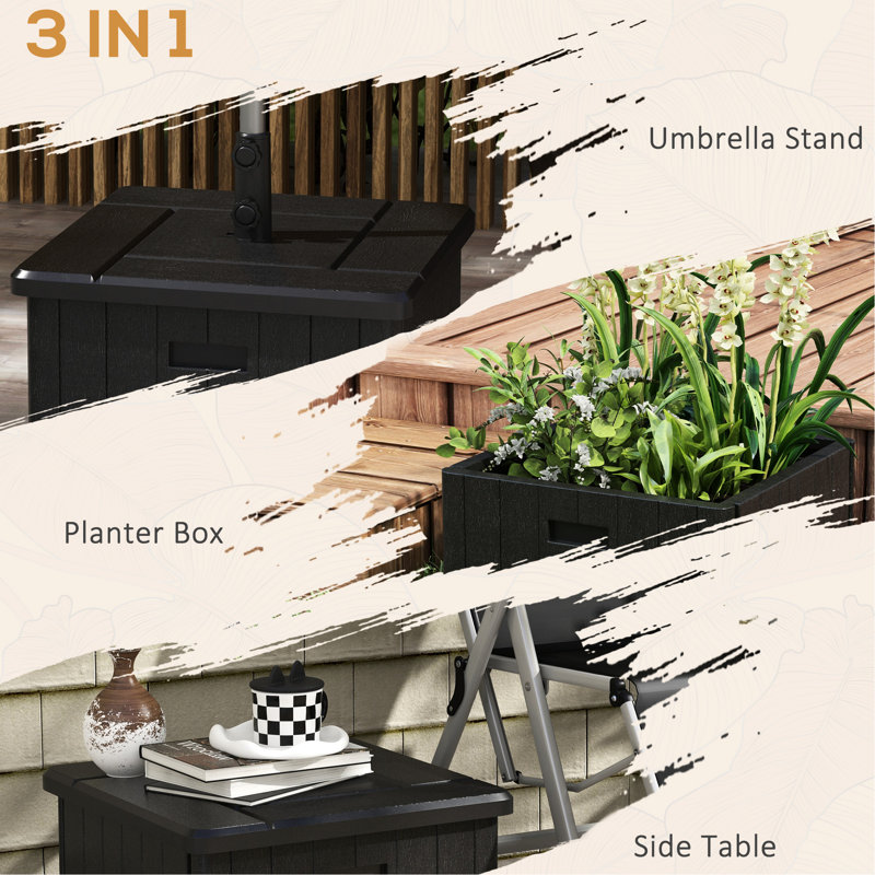 175 lb Capacité de base de parasol 31, table basse, bac à fleurs, noir, remplissable avec roues à impact, capacité noire, réglable