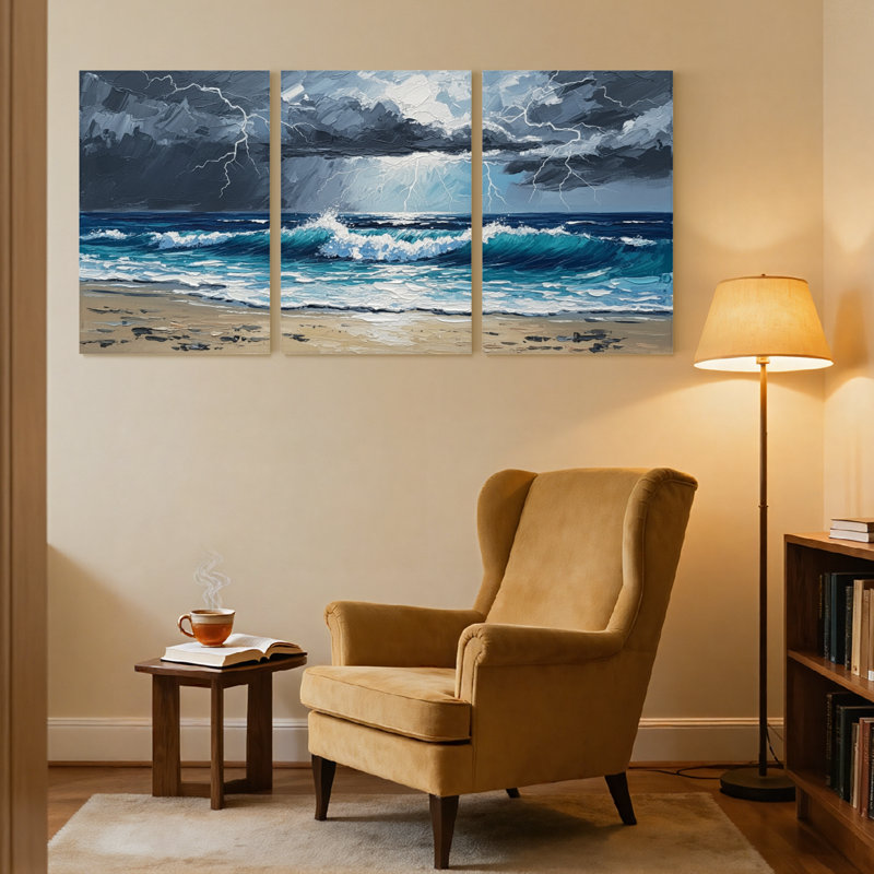 Nautique et plage, ciel orageux, océan, vagues, plage, sable, ensemble de 3 impressions sur toile, H 30 po x l 60 po