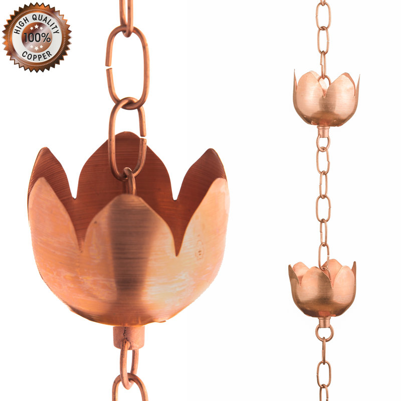 Marrgon Copper Rain Chain with Tulip Style Cups for Gutter Downspout Replacement, 102" H x 3" W x 2.25" D, Copper