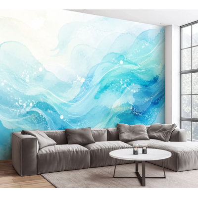Papier peint auto-adhésif, abstrait, bleu sarcelle, turquoise, marbré, aquarelle, lignes argentées, papier auto-adhésif amovible, contact mural pour salon, chambre à coucher H 100 po x l 144 po