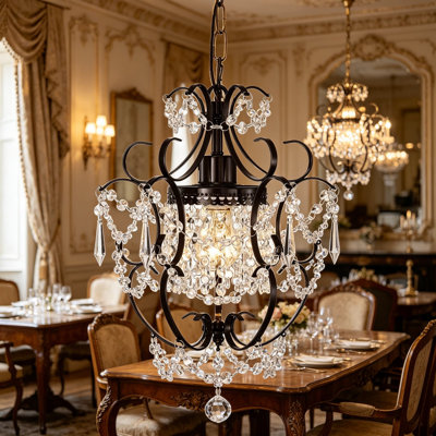 Bronze Chandelier with Acrylic Crystals, Small Vintage 1-Light Antique Ceiling Light Fixture for Bathroom, Living Room, Dining Room, Kitchen Island, Brown 11-Inch