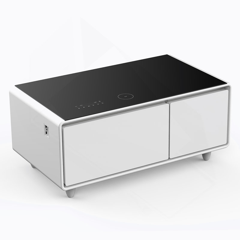 Smart Coffee Table With Built-In Fridge And Freezer Drawers, Bluetooth Speaker, Wireless Charging, Touch Control Panel, USB Ports, Outlet Protection, Atmosphere Light