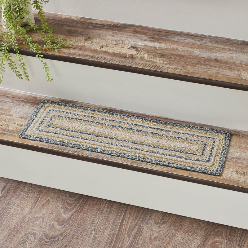 Tapis d'escalier bleu / beige Liseron, Rectangle 8,5 po x 2 pi 3 po