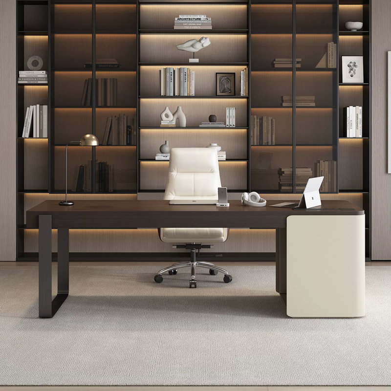 Solid Wood Solid Wood and Stainless Steel Credenza Desk with Built-In Electrical Outlet