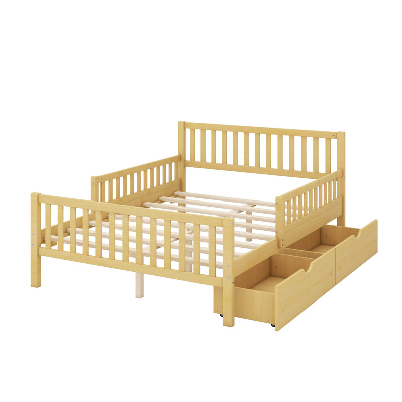 Lit plateforme en bois avec deux tiroirs de rangement et garde-corps, support en lattes de bois, Lit double