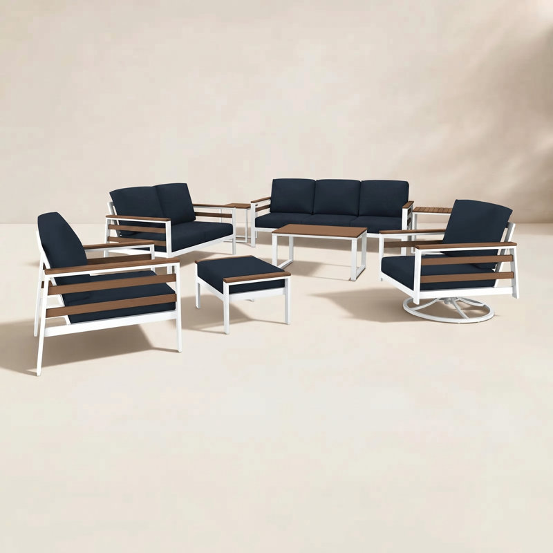 Townsend 7 Person Seating Group With Sunbrella Cushions, Canvas Navy, Brown